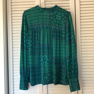 LOFT Green and Blue Long Sleeve Blouse, Medium